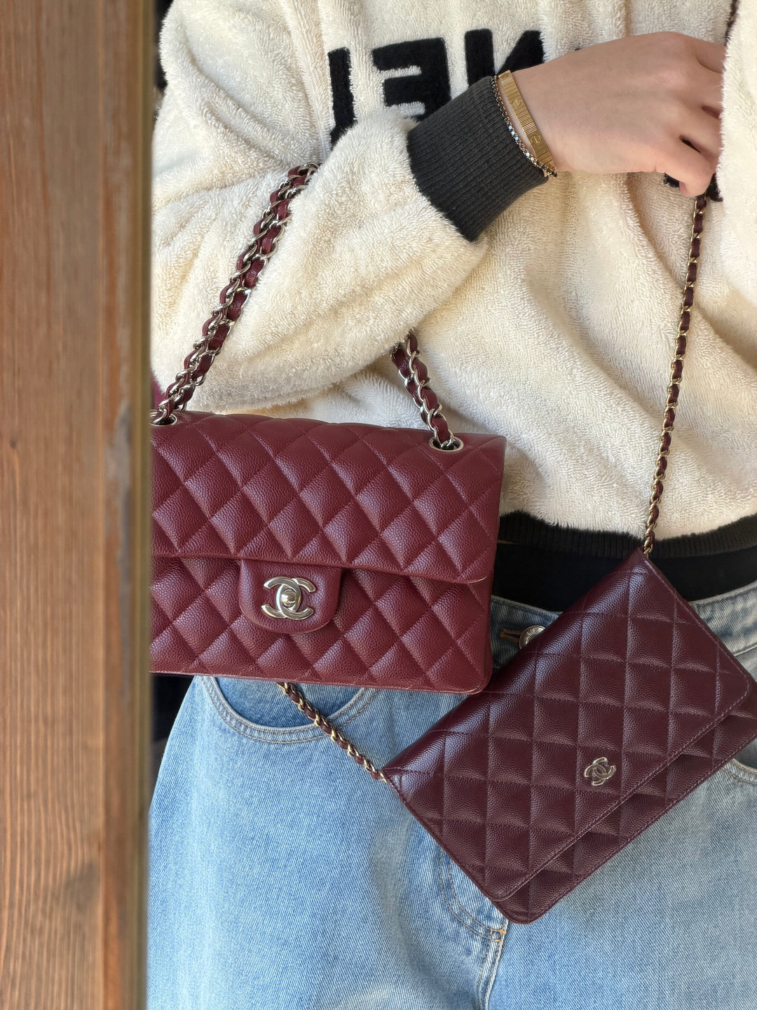 Chanel Wallet on Chain Burgundy Caviar Leather Light Gold Tone Hardware 2023