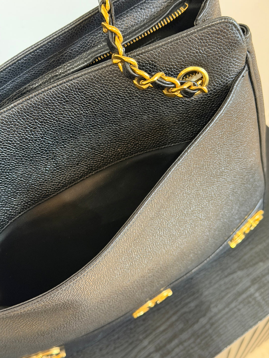 Chanel Black Caviar Triple Coco CC Tote Bag 24K Gold Plated Hardware 1994
