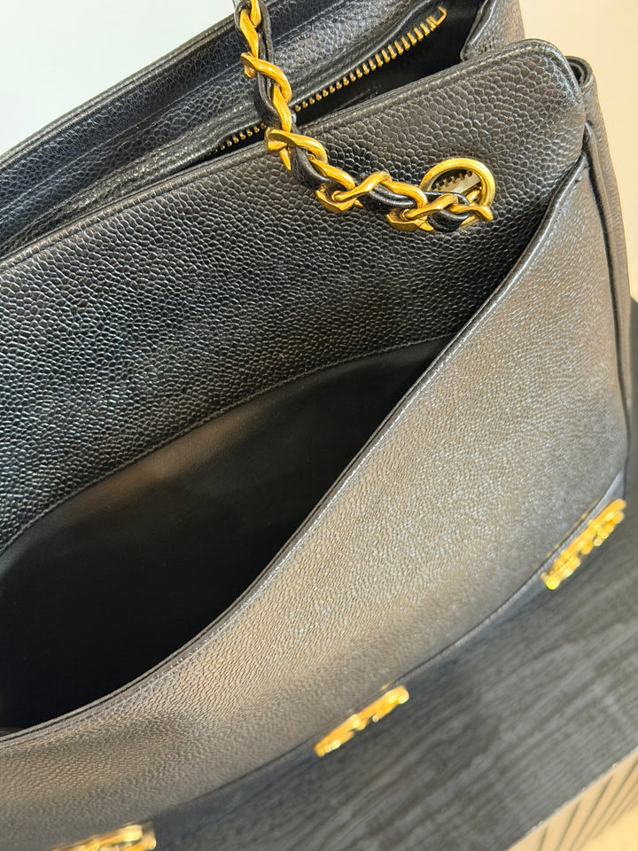 Chanel Black Caviar Triple Coco CC Tote Bag 24K Gold Plated Hardware 1994