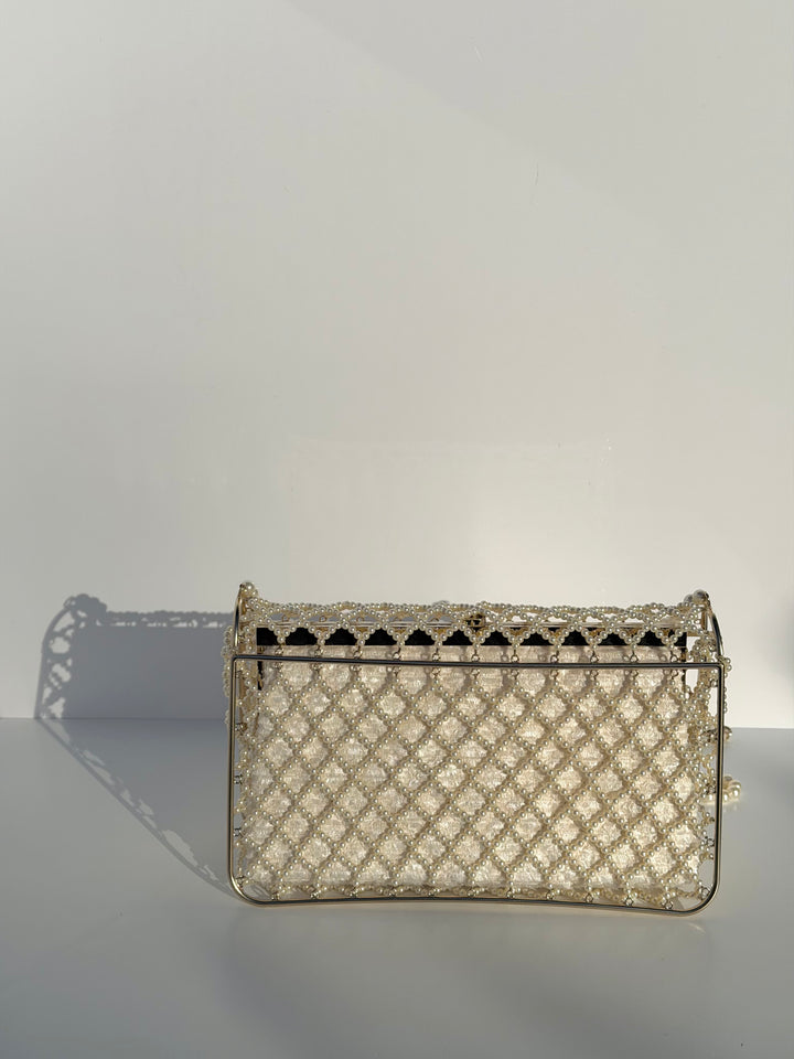 Chanel 2014 Pearl Embellished Caged Flap Minaudière Bag