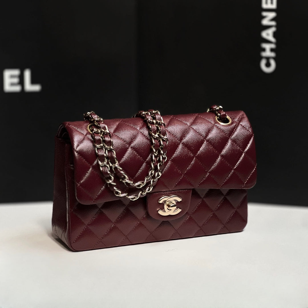 Chanel Small Classic Double Flap Caviar Burgundy Light Gold Hardware 2021