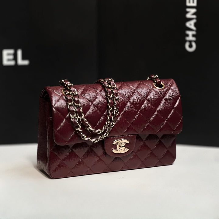 Chanel Small Classic Double Flap Caviar Burgundy Light Gold Hardware 2021