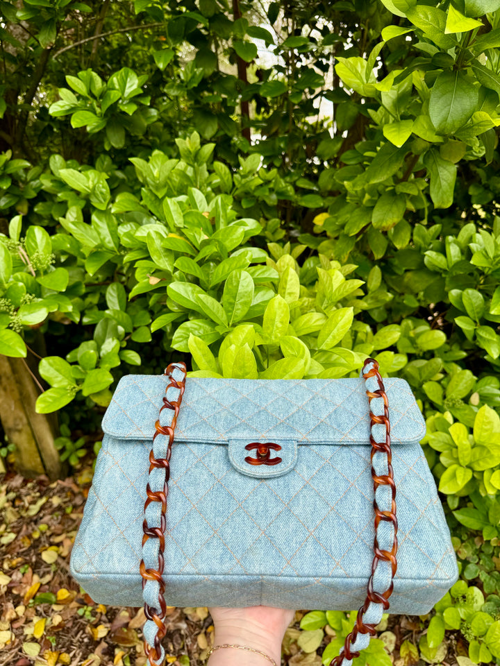 Chanel 1990s Vintage Denim Tortoise Flap Bag