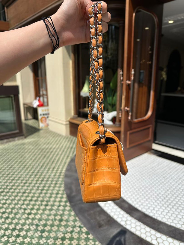 Chanel Orange Matte Croc Mini Flap Silver Hardware 2014