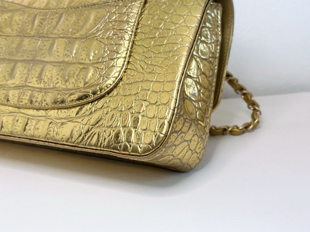 Chanel Metallic Gold Croc Embossed Medium Classic Flap Bag