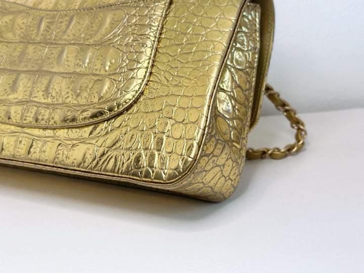 Chanel Metallic Gold Croc Embossed Medium Classic Flap Bag