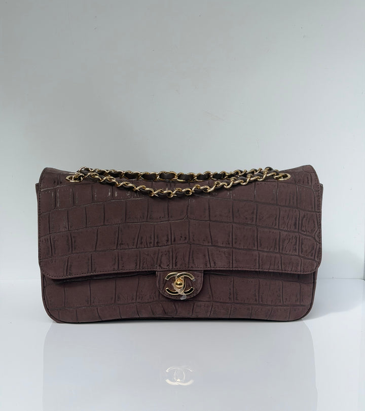 Chanel Maxi Flap Bag Brown Croc-Embossed Suede Calfskin Gold Tone Hardware 2026