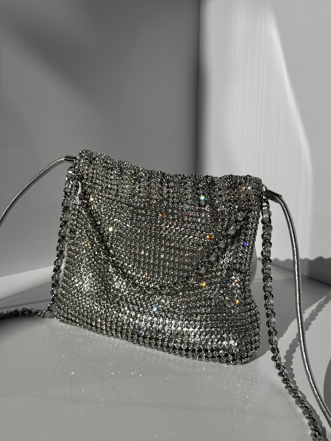 Chanel Mini Chanel 22 Crystal Embellished Metallic Lambskin Silver Silver Hardware