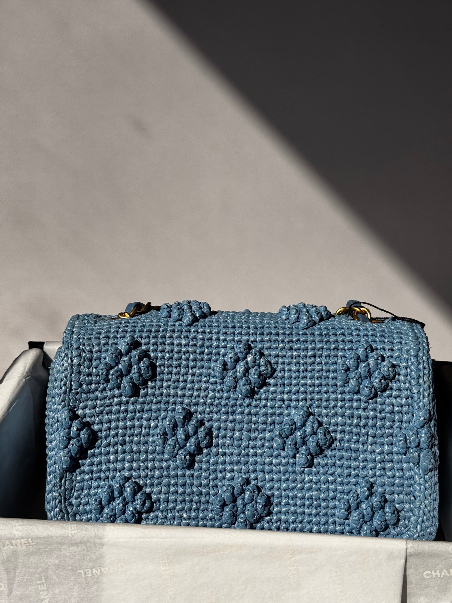 Chanel 24P Blue Braided Raffia Mini Flap Bag