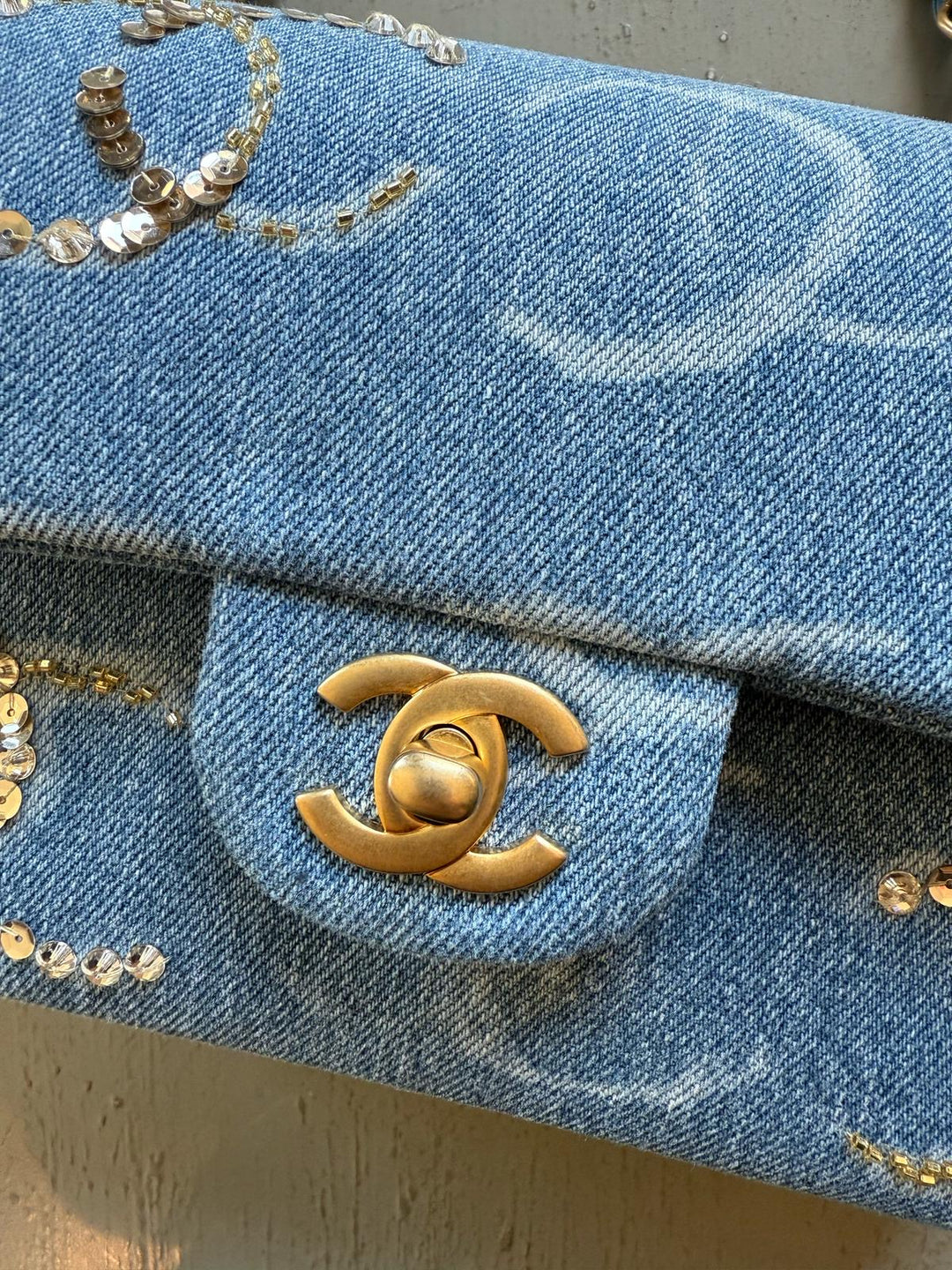 Chanel 23b Medium Denim Sequin CC Classic Flap Bag