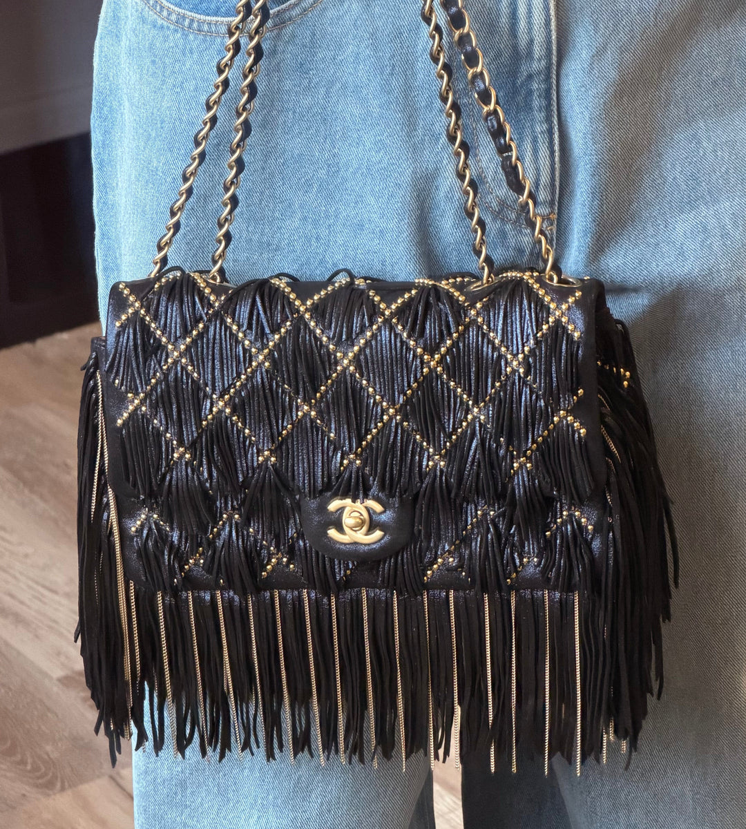 Chanel Paris-Dallas Medium Fringe Flap Bag Black Iridescent Leather Brushed Gold Tone Hardware 2014