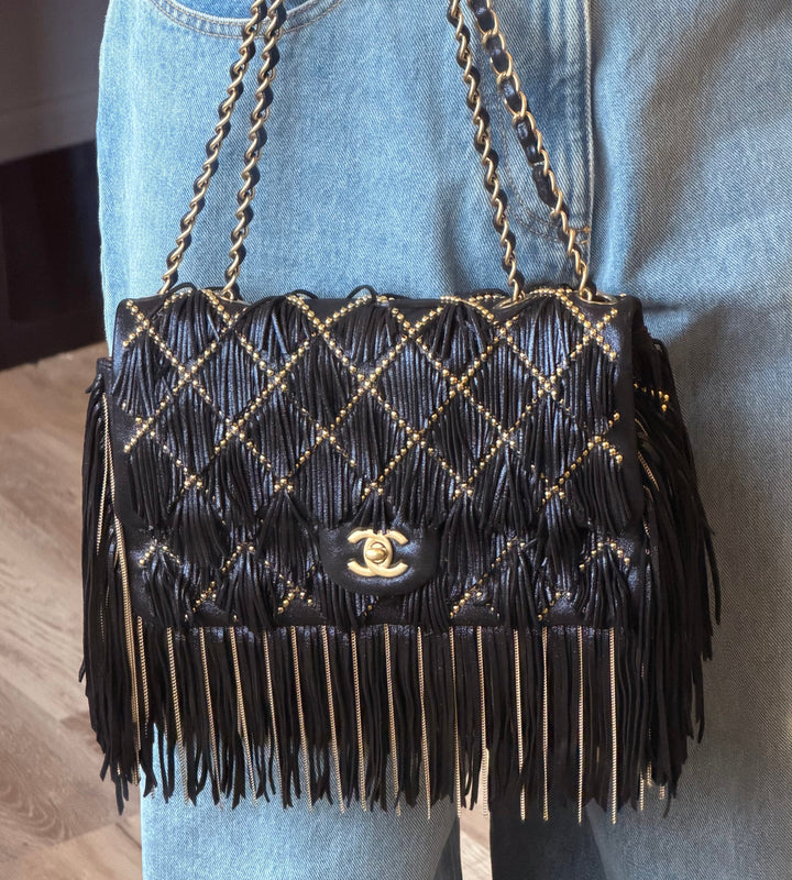 Chanel Paris-Dallas Medium Fringe Flap Bag Black Iridescent Leather Brushed Gold Tone Hardware 2014