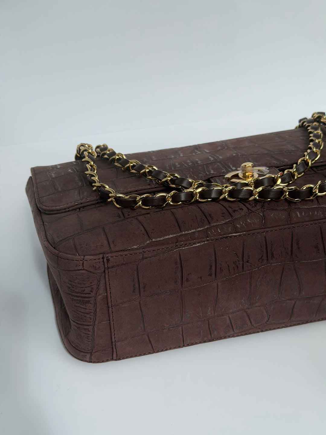 Chanel Maxi Flap Bag Brown Croc-Embossed Suede Calfskin Gold Tone Hardware 2026