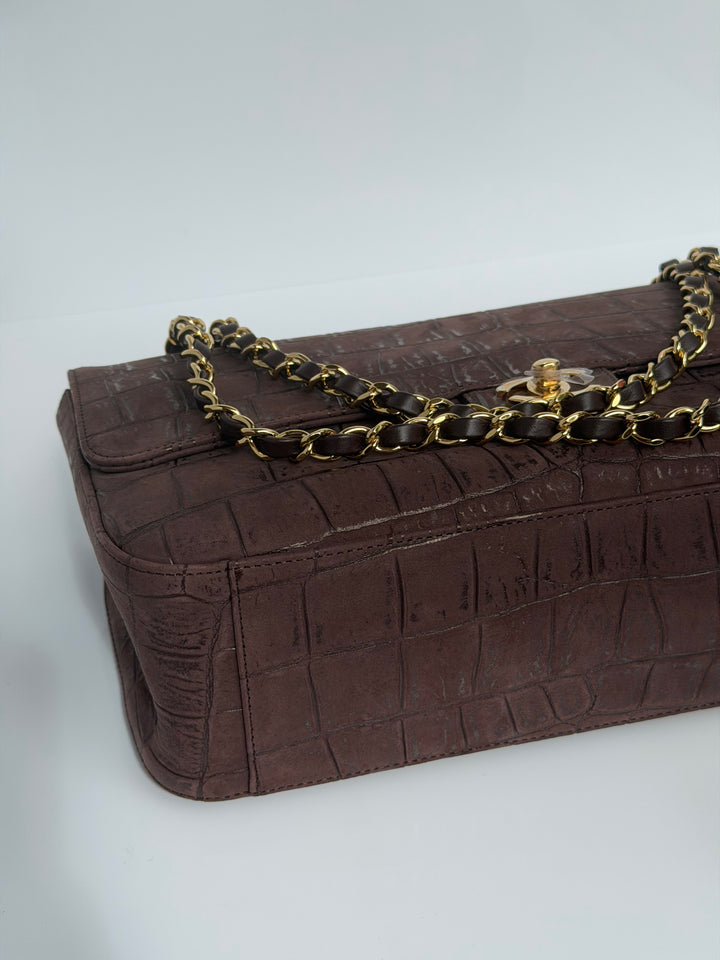 Chanel Maxi Flap Bag Brown Croc-Embossed Suede Calfskin Gold Tone Hardware 2026
