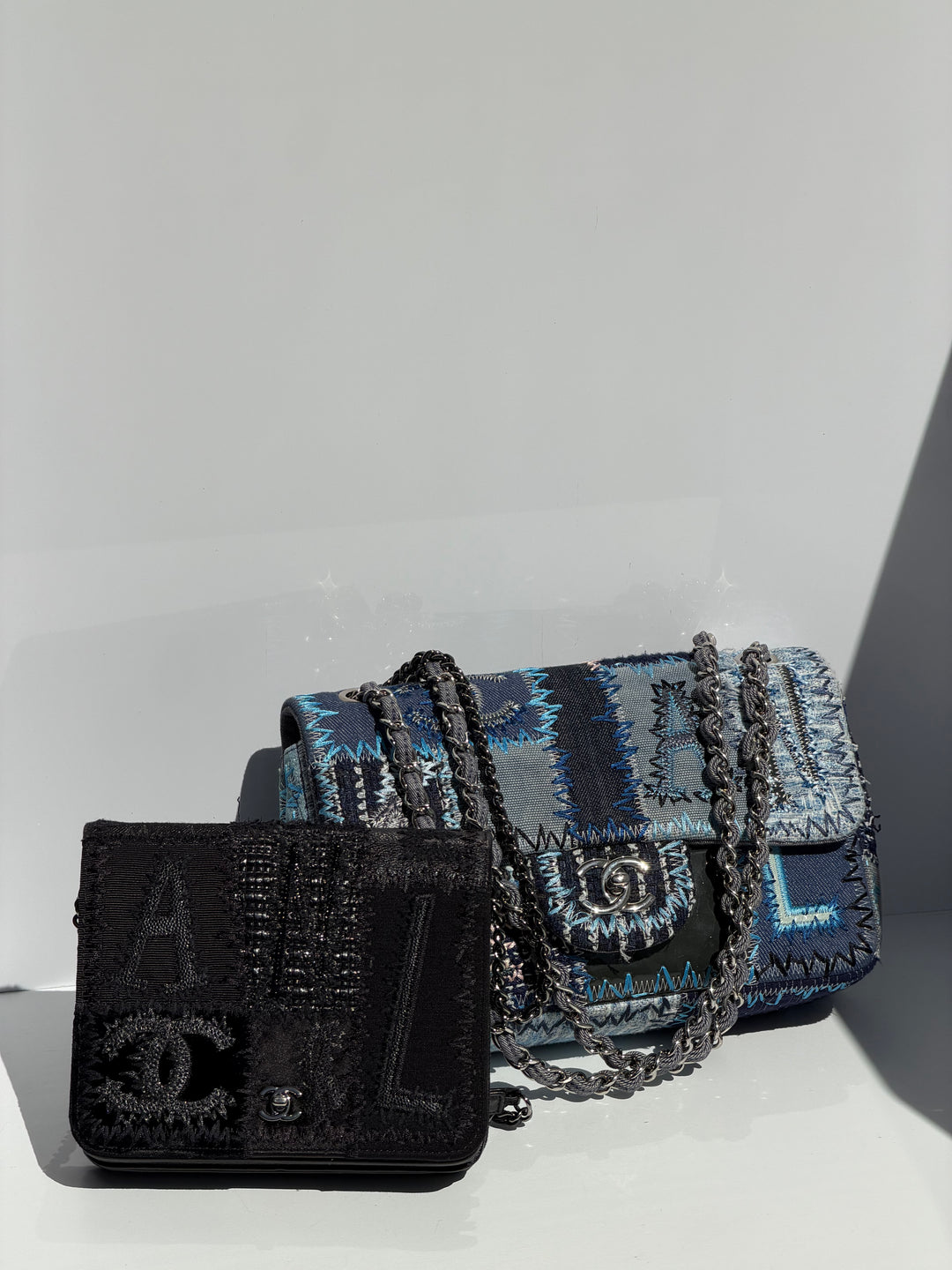 Chanel Black Mixed Media Patchwork Square Wallet on Chain Silver Hardware 2018