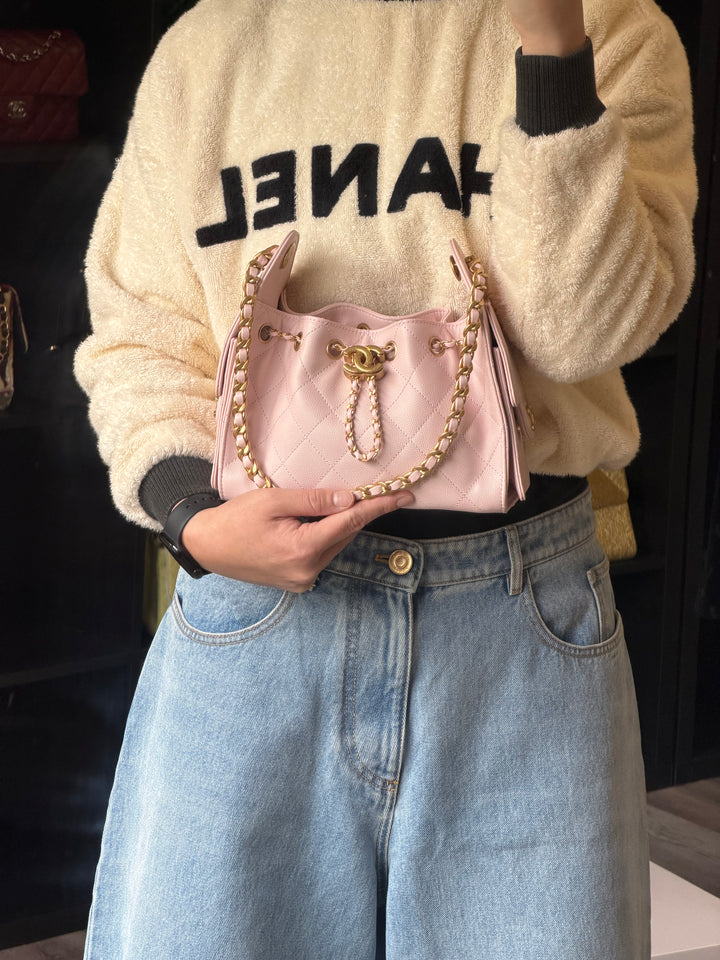 Chanel Mini 25 Hobo Bag Caviar Leather Mauve Pink Antique Gold Hardware 2026