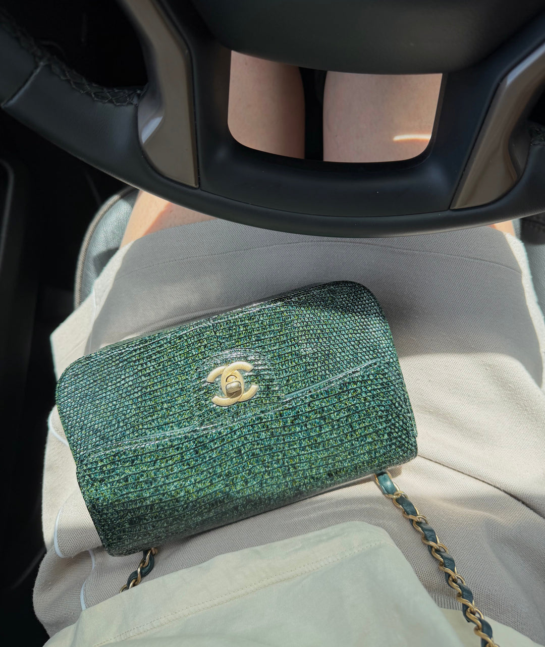 Chanel Mini Flap Green Lizard Brushed Gold Hardware 2018