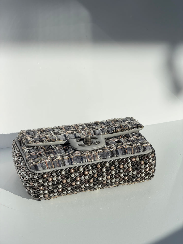 Chanel River of Pearls Mini Flap Quilted Tweed Grey Aged Silver Hardware
