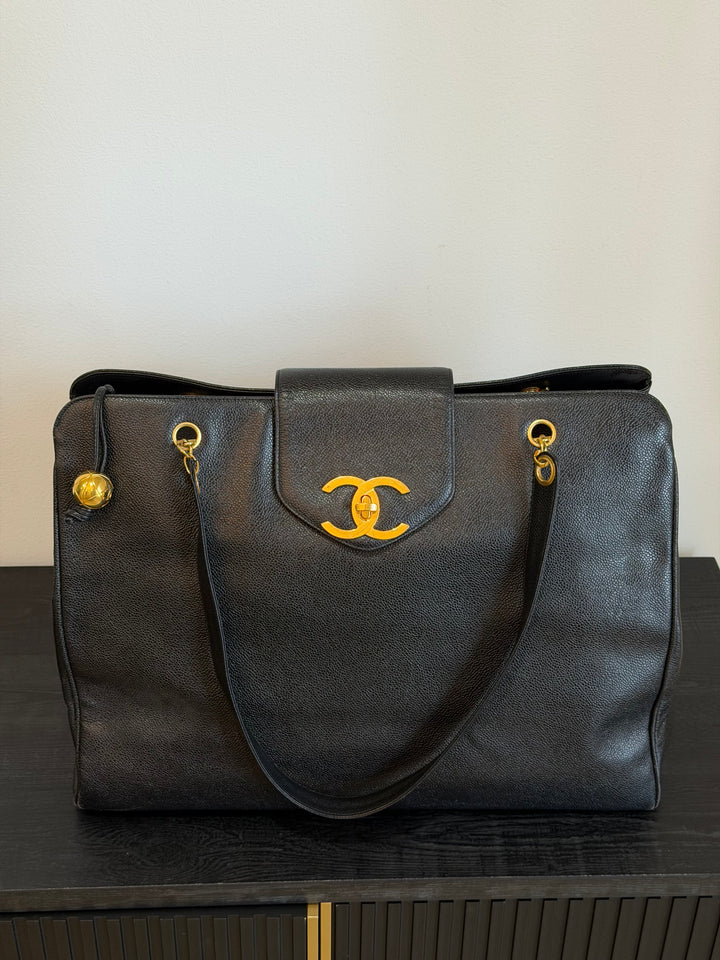 Chanel Black Caviar XL Supermodel Tote Bag 24K Gold Plated Hardware 1994