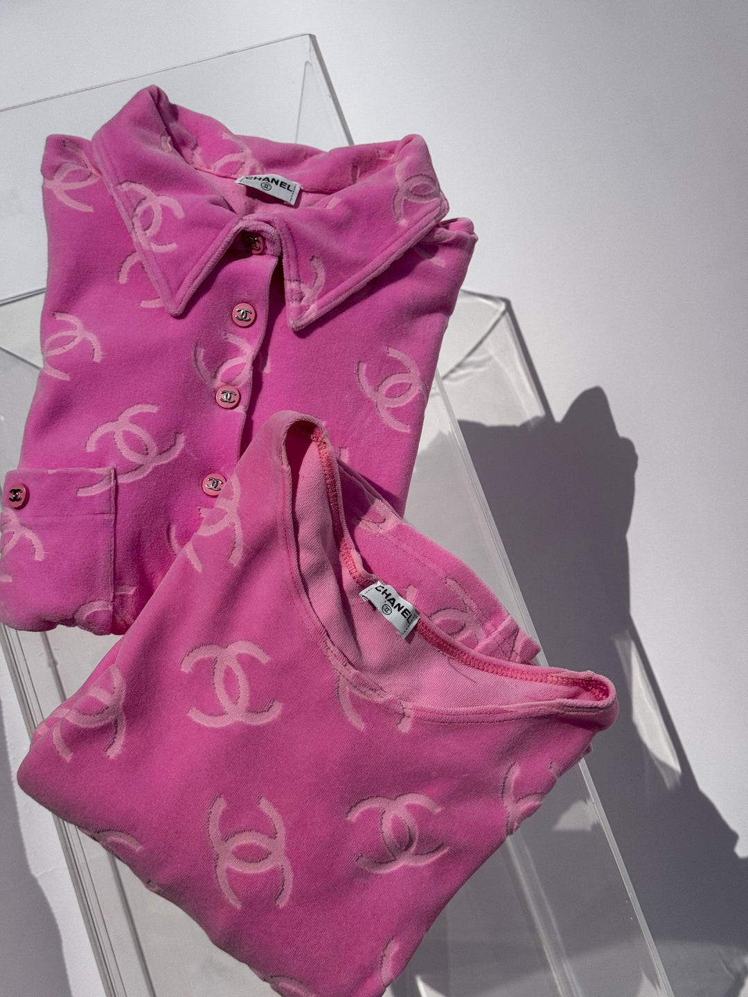 Chanel Spring 1996 Pink Velour CC Button Top X EstherandSasha