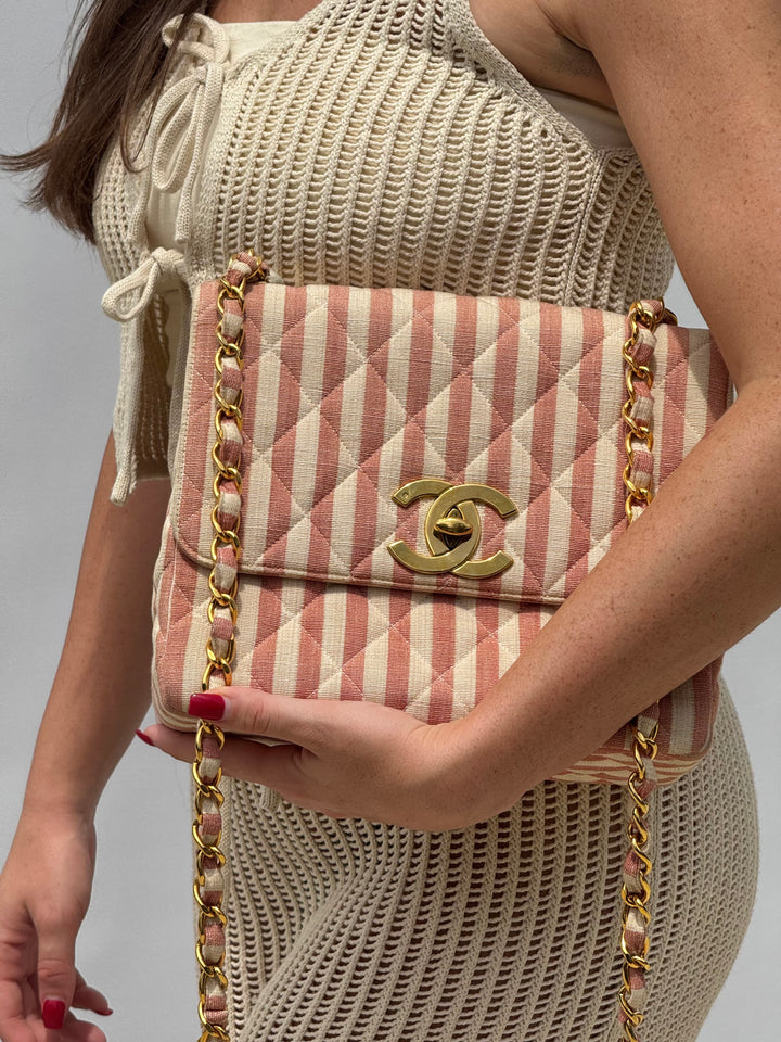 Chanel 24K Vintage Pink Striped Large Flap