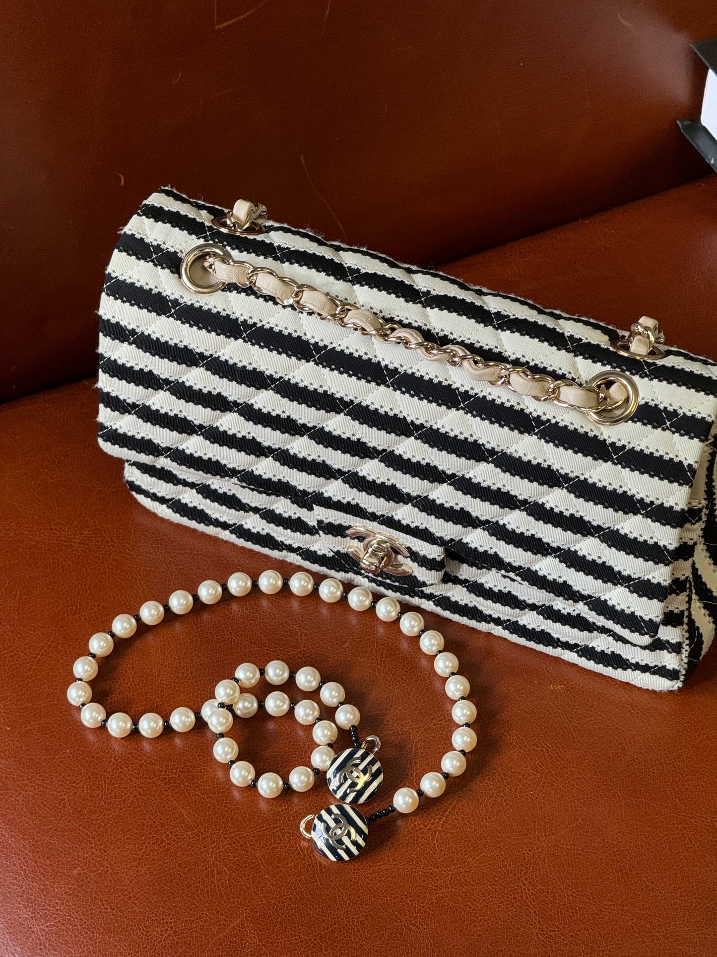 Chanel Ivory/Black Coco Medium Sailor Pearls Double Flap Bag