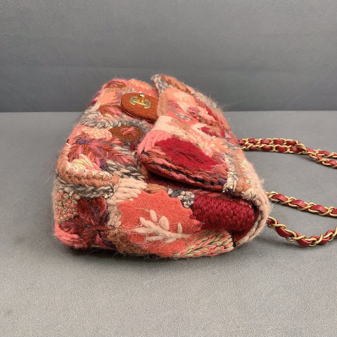 Chanel Embroidered Wool Medium Flap Bag Red Multicolor Gold Hardware 2018
