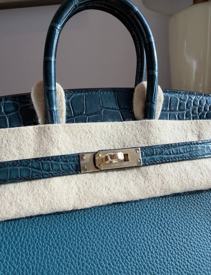 Hermès Birkin 25 Touch Vert Bosphore / Vert Rousseau Togo Leather and Matte Crocodile Gold Hardware 2021
