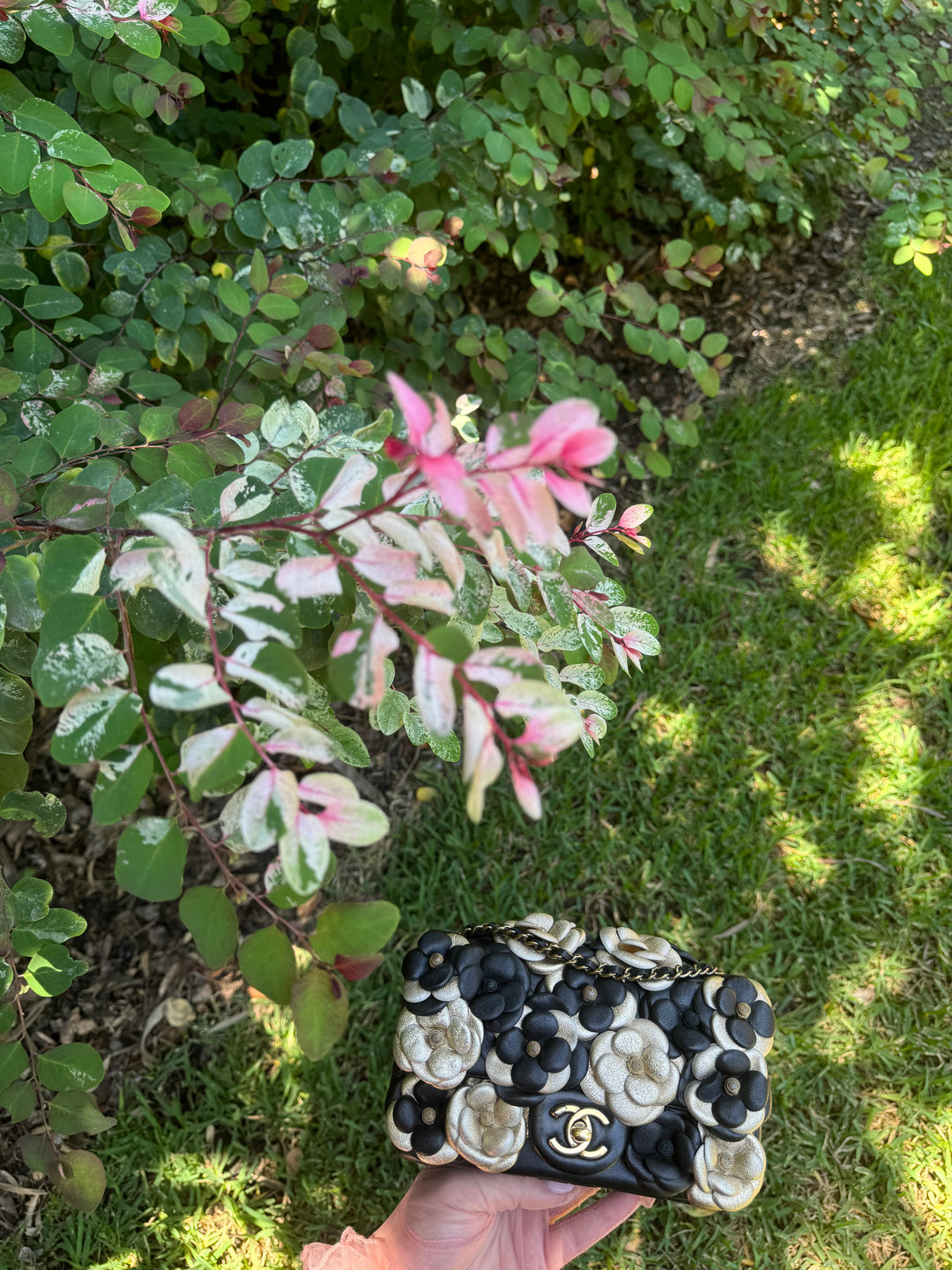 Chanel Metallic Gold And Black Lambskin Camellia Rose Appliqué Mini Rectangle Flap