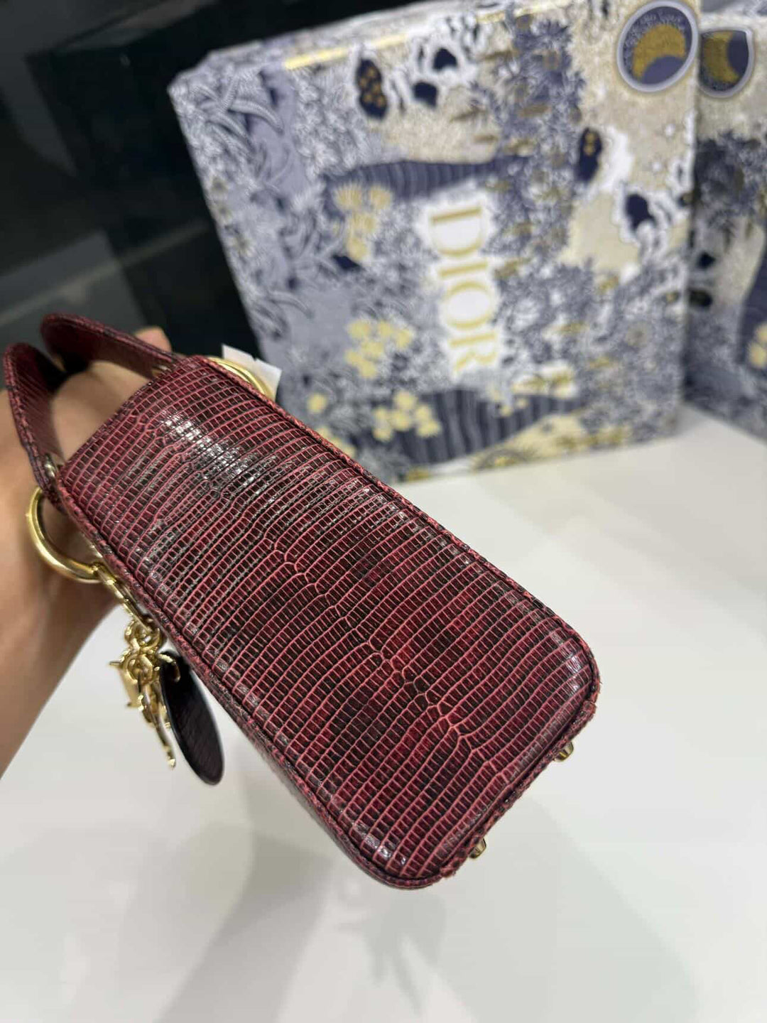 Christian Dior Lady Dior Mini Top Handle Lizard Burgundy Gold Hardware