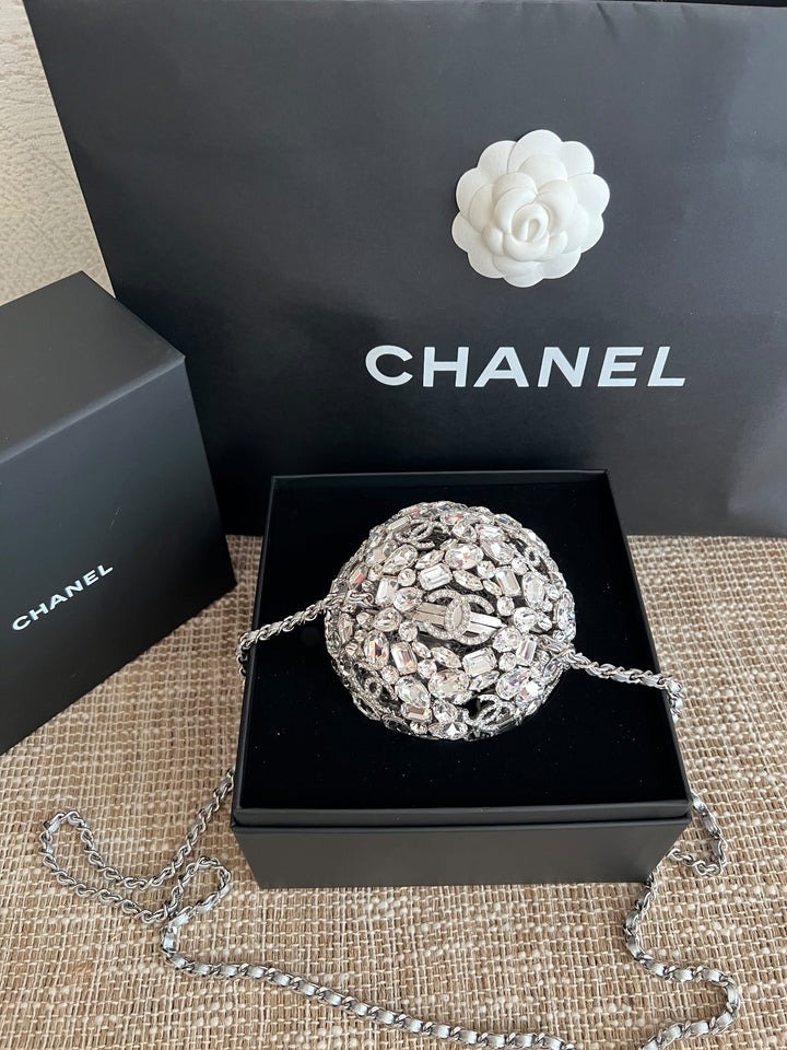 Chanel Sphere Minaudière Clutch Silver Metal & Strass Crystals Silver-Tone Hardware 2025