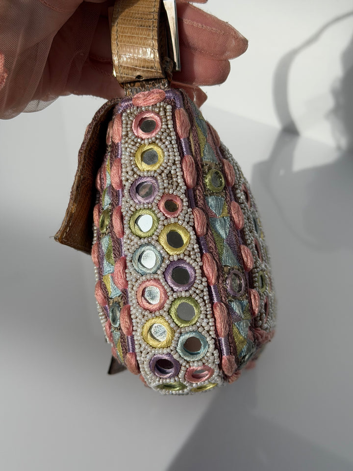 Fendi Baguette Mirror Specchietti Bag Multicolor Silk Embroidery & Beading Lizard Trim 2009