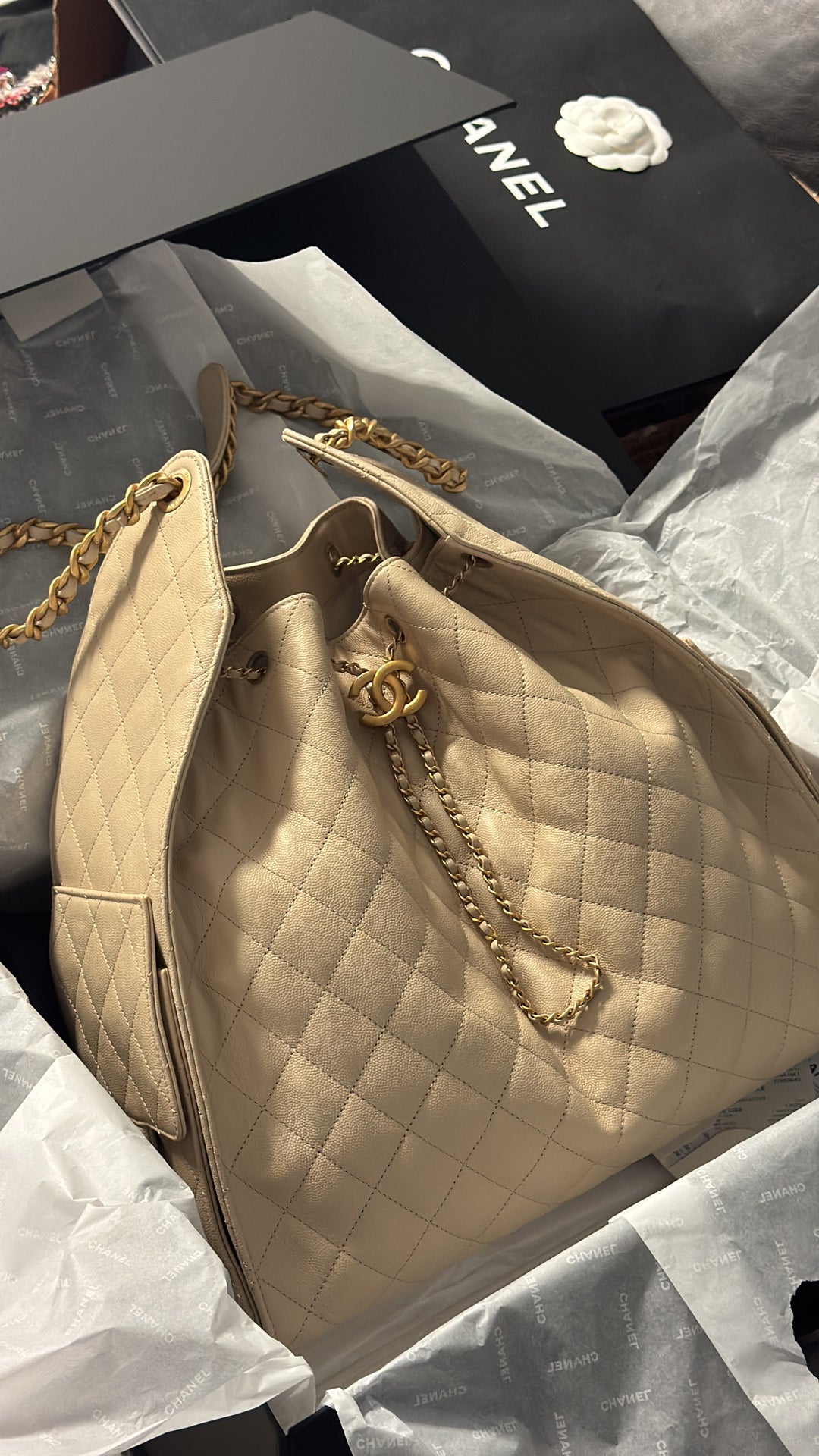 Chanel 25 Light Beige Medium Caviar Hobo Bag