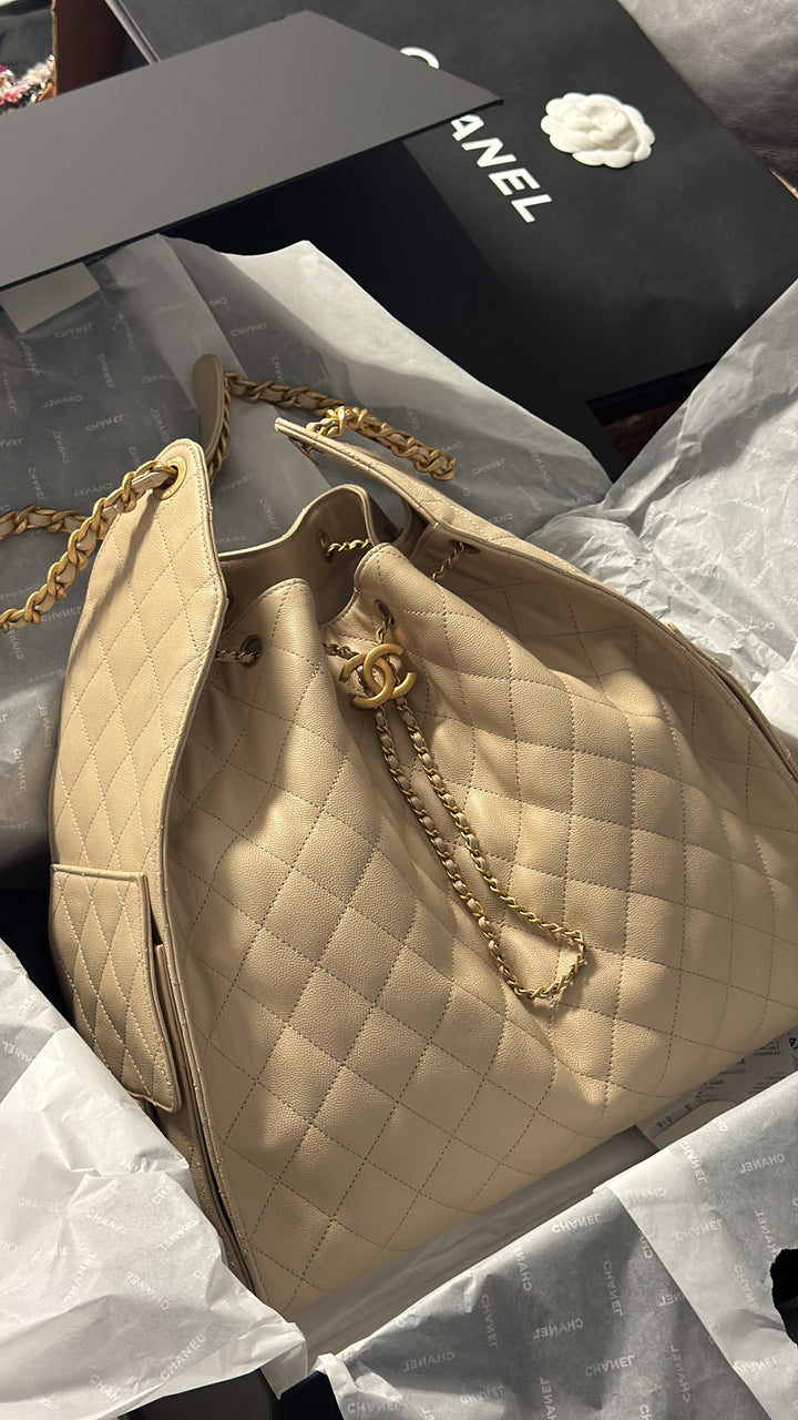 Chanel 25 Light Beige Medium Caviar Hobo Bag
