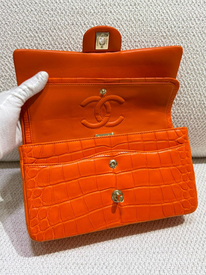 Chanel Medium Classic Flap Bag Matte Alligator Orange Light Gold Hardware 2013