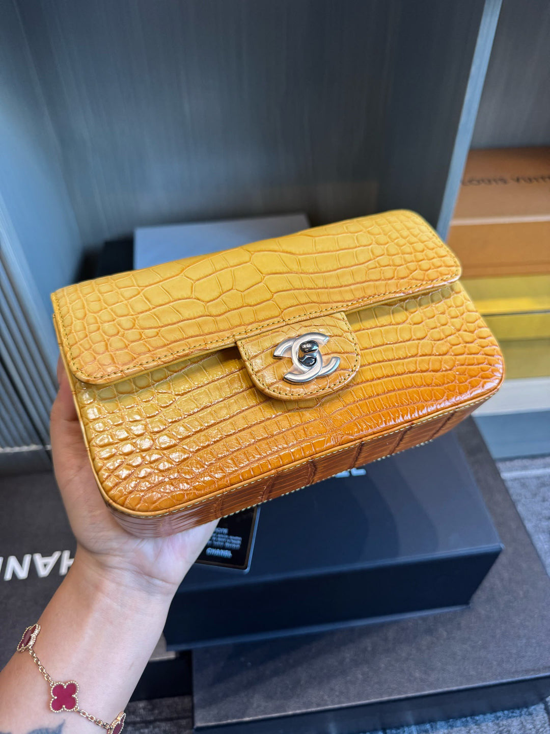 Chanel Mini Flap Orange & Yellow Ombre Alligator Silver Hardware 2014