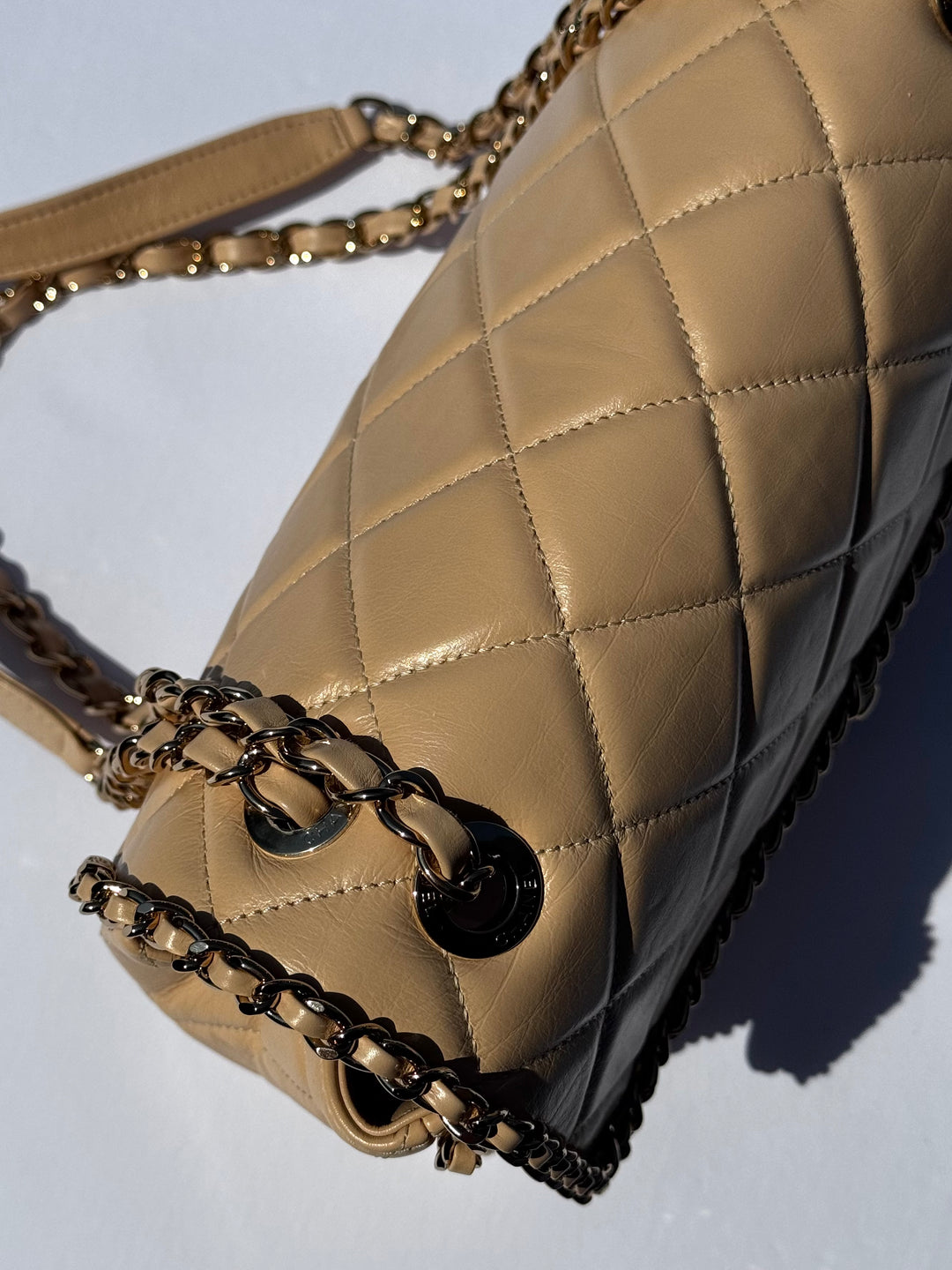 Chanel Beige Crumpled Calfskin Medium Chain All Over Flap Bag