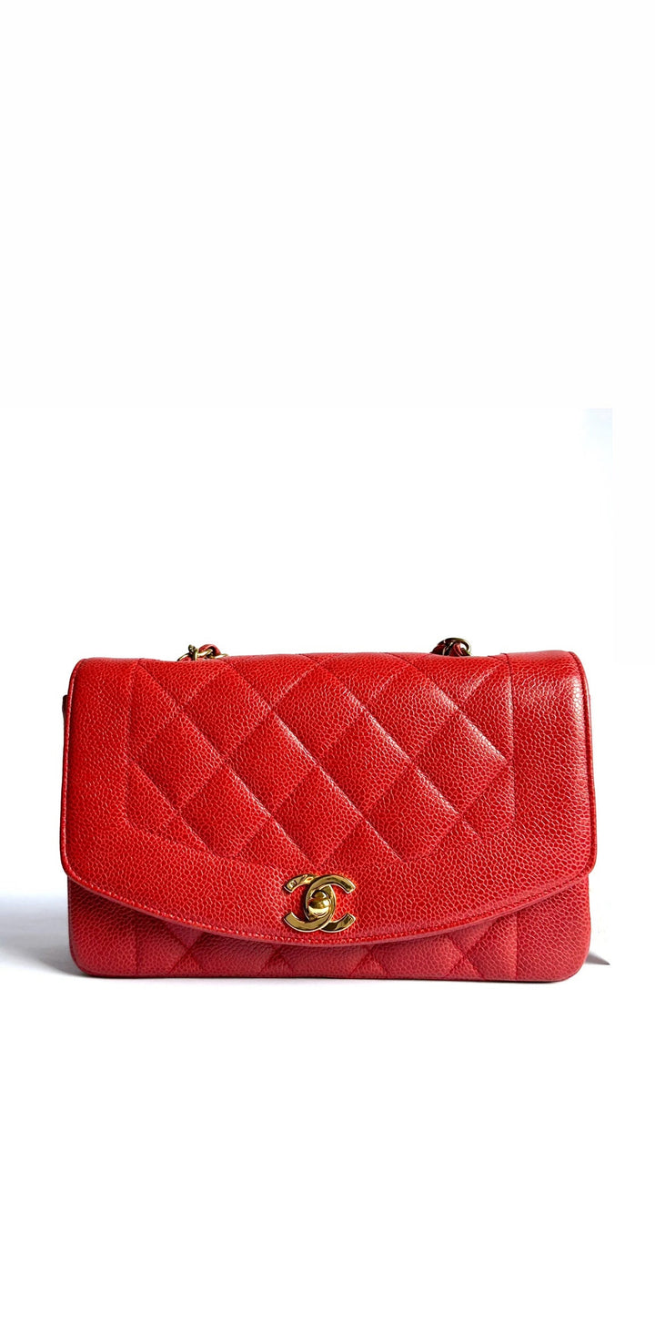 Chanel Small Diana Flap Bag Caviar Red 24K Plated Gold Hardware 1994