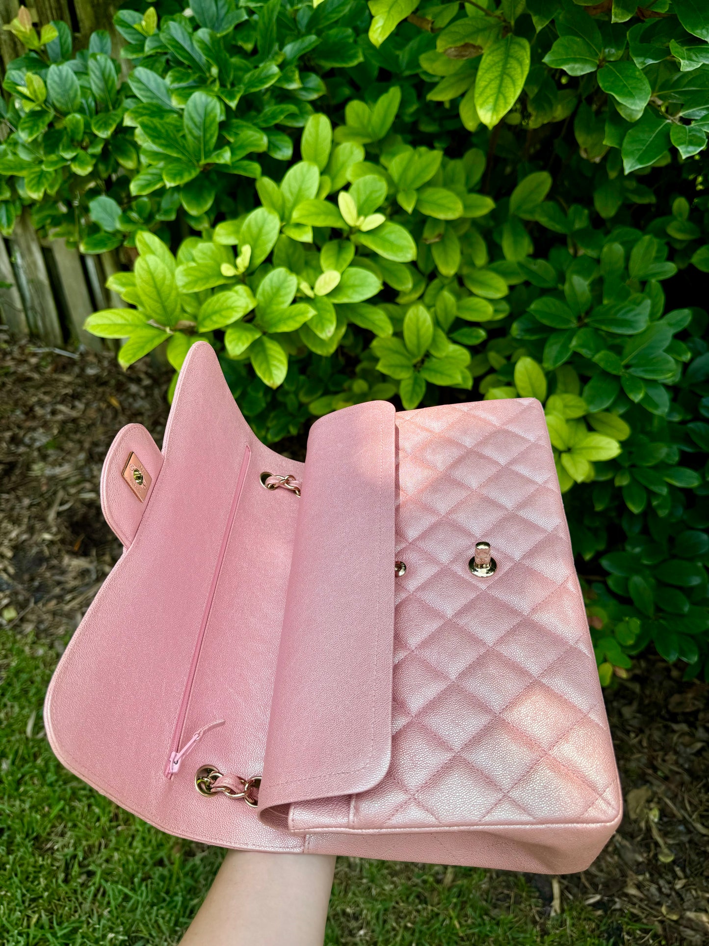 Chanel 19S Pink Iridescent Jumbo Caviar Double Flap Bag