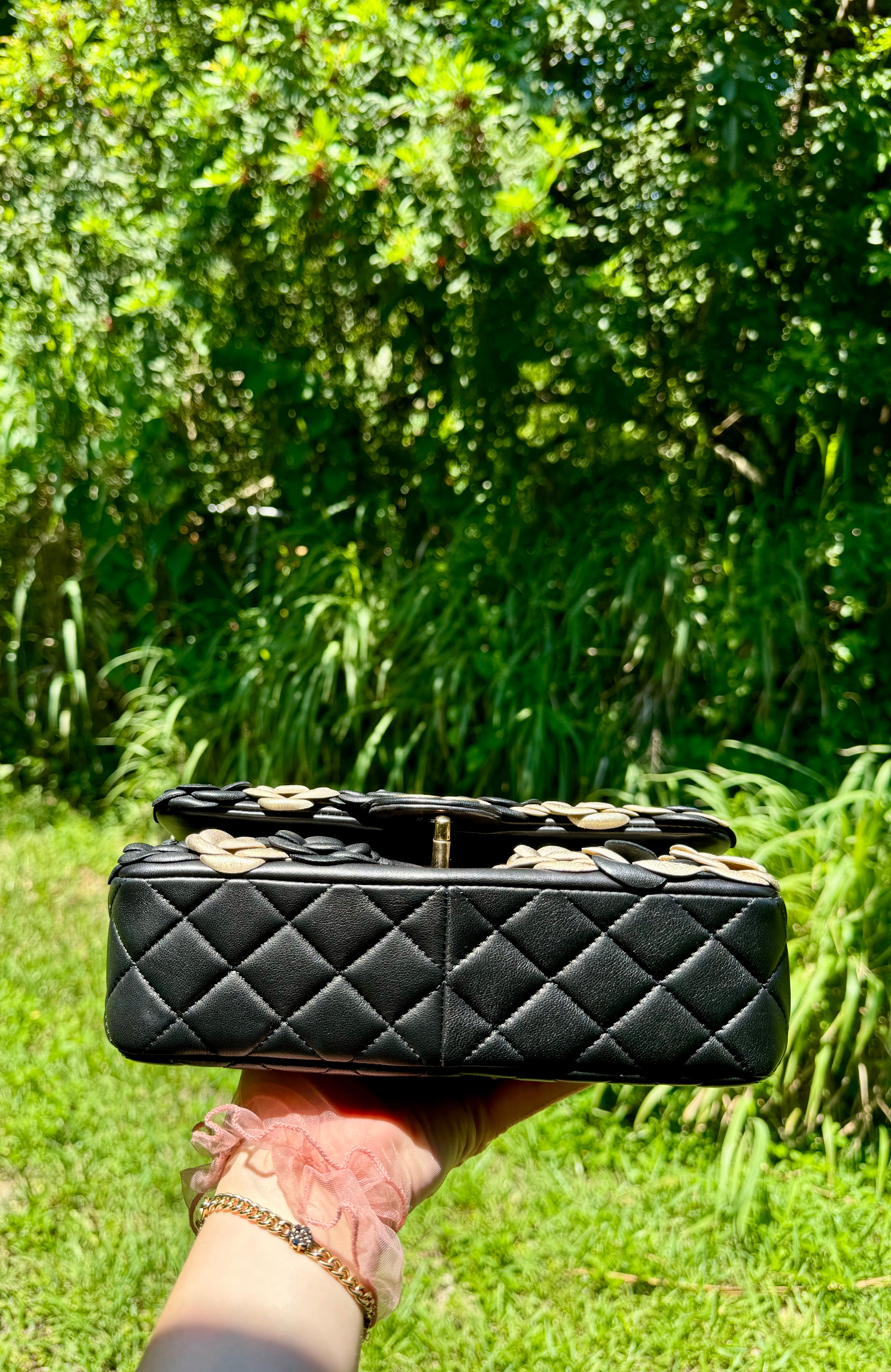 Chanel Metallic Gold and Black Lambskin Camellia Rose Appliqué