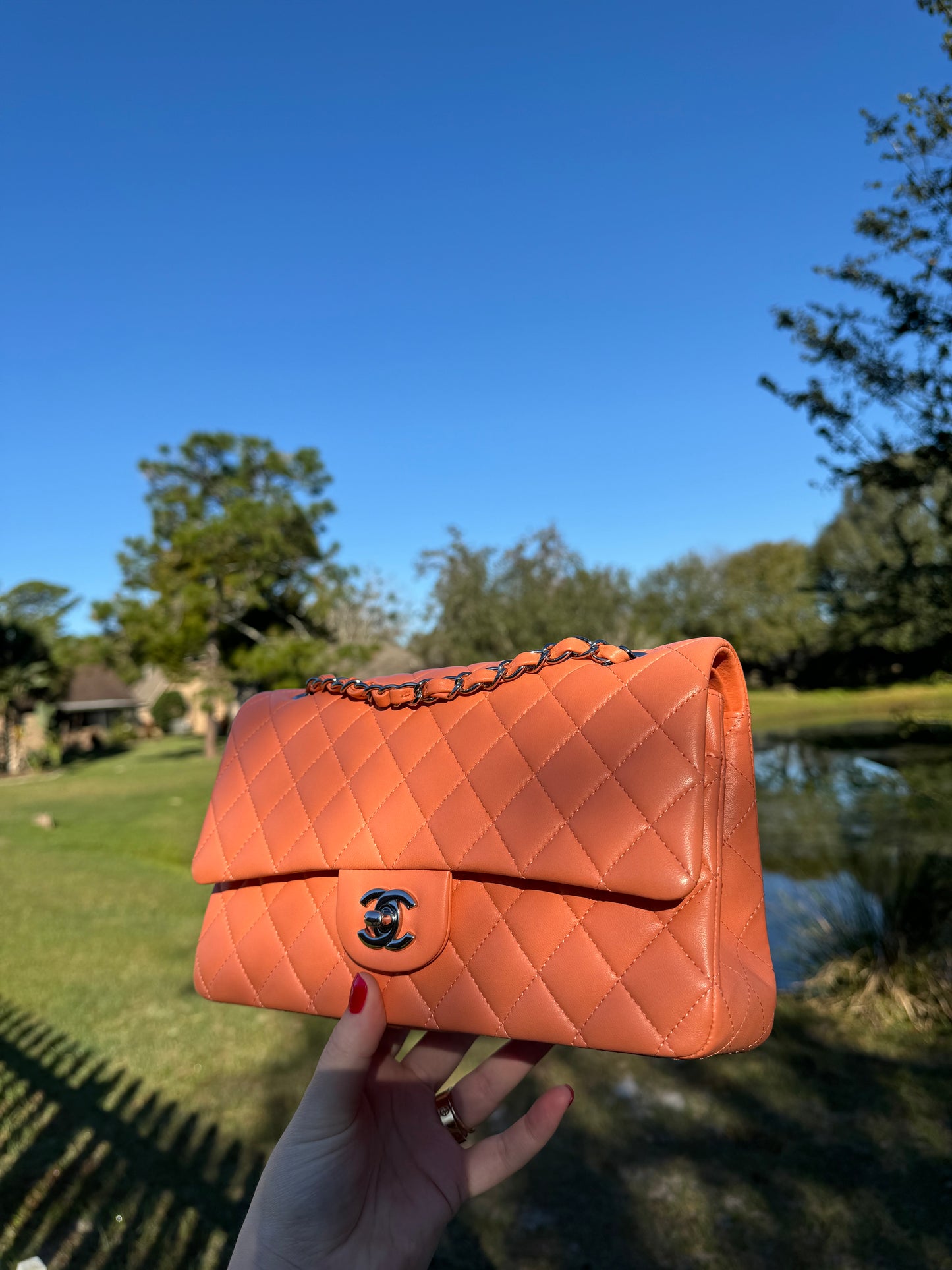 Chanel 21S Orange Neon Lambskin Medium Flap Bag