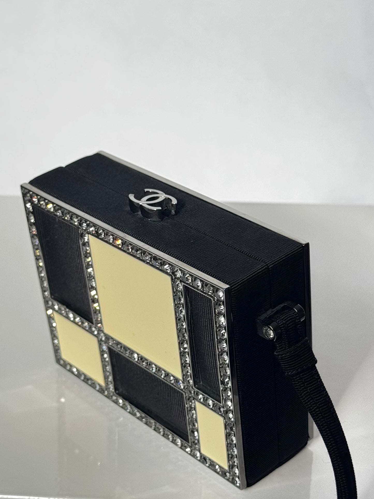 Chanel Minaudière Clutch in Plexi, Black cotton Piqué and Rhinestones