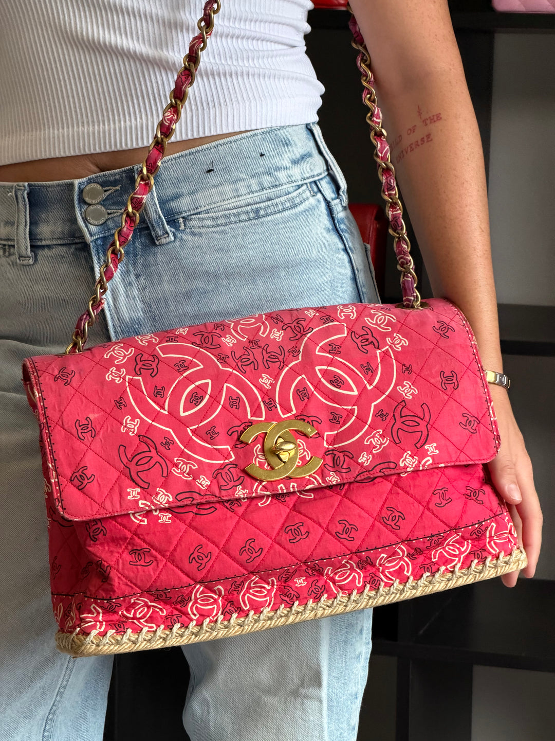 Chanel Vintage Red Bandana Paisley Print Straw Maxi Jumbo Flap Bag 1994