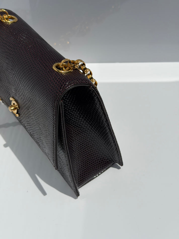 Chanel Small Trapezoid Flap Bag Burgundy Lizard Leather Gold Hardware With Bijoux Chain 1989