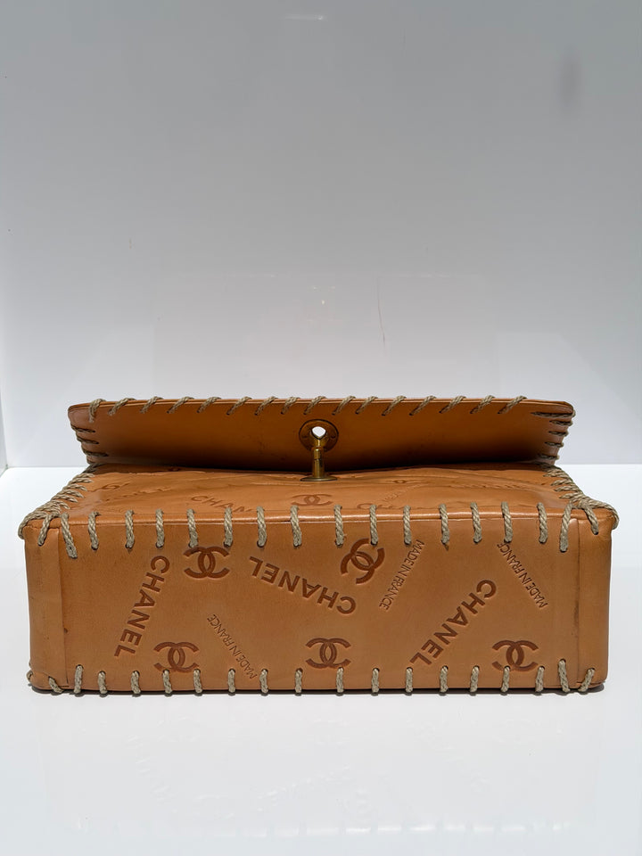Chanel Jumbo Classic Flap Bag Tan Debossed Logo Calfskin Whipstitched Gold Hardware 1994