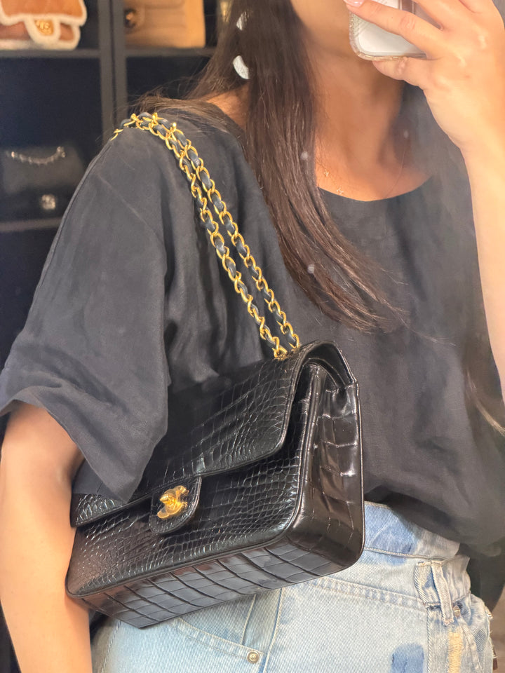 Chanel Medium Classic Flap Bag Alligator Black 24K Plated Gold Hardware 1997