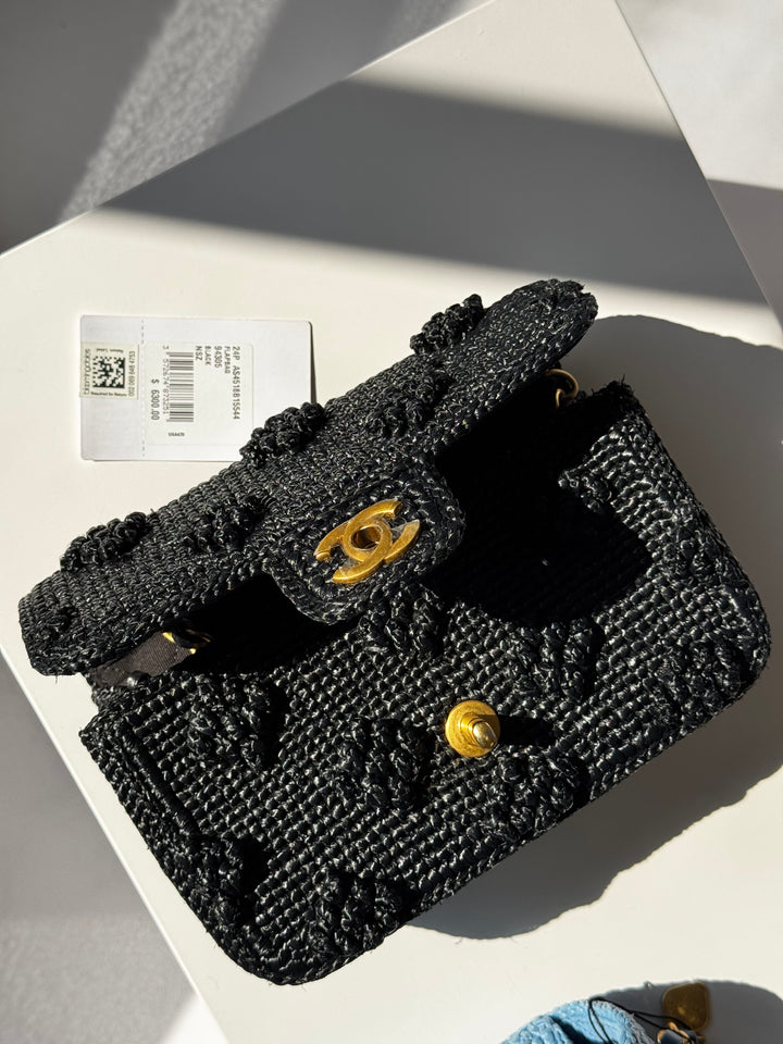 Chanel 24P Black Braided Raffia Mini Flap Bag