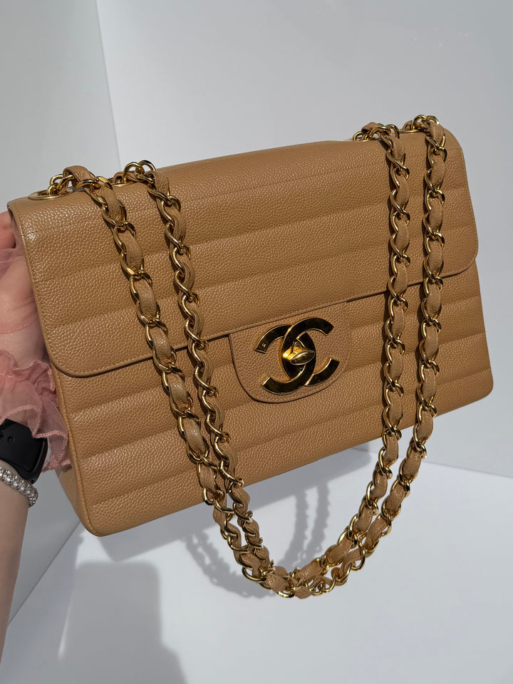 Chanel Classic Flap Jumbo Horizontal Dark Beige Caviar 24K Gold Hardware 1996