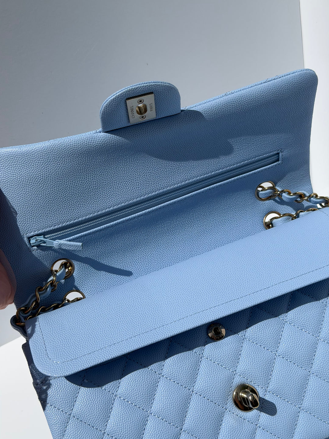 Chanel Medium Classic Double Flap Caviar Light Blue Light Gold Hardware 2023