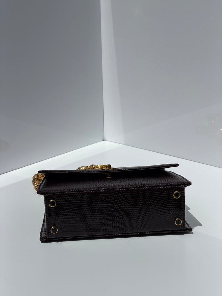 Chanel Small Trapezoid Flap Bag Burgundy Lizard Leather Gold Hardware With Bijoux Chain 1989